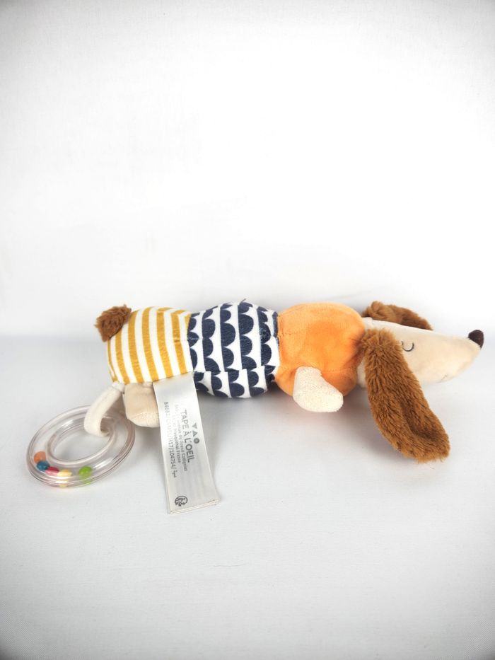 Peluche Doudou Chien Tape à l'Oeil - Hochet - Orange Bleu Jaune - photo numéro 2