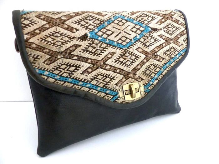 Sac bandoulière NEUF pochette cuir noir pleine fleur tannage naturel & Laine Kilim - Besace ethnique - photo numéro 6