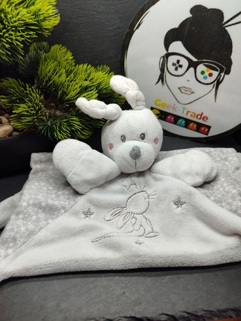 Doudou plat lapin blanc gris Etoile argenté Simba Nicotoy rose carré Attache