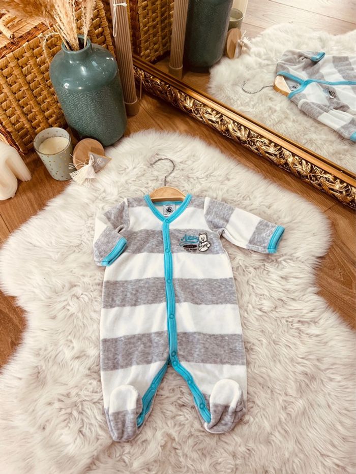 Taille naissance pyjama velours garçon Petit Bateau blanc gris et turquoise * athletic club * 💙