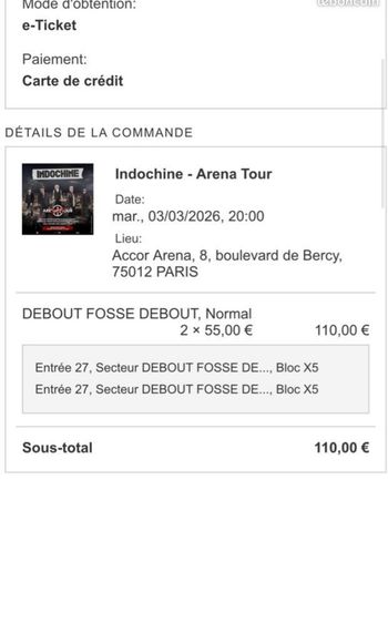 Billet Indochine Paris 2026