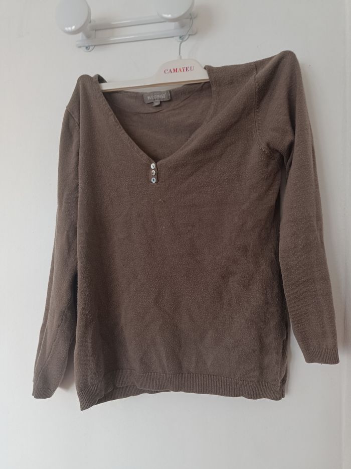 Pull fin marron glacé - Coudières pailletées - Taille M