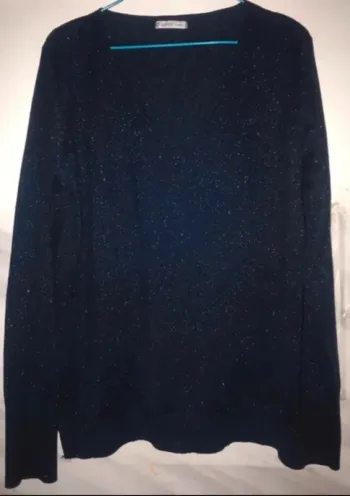 Pull col v été femme Gémo bleu paillettes manches longues taille 38