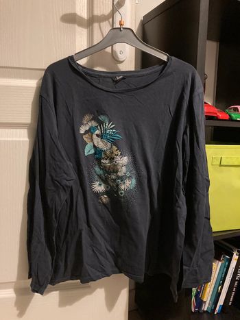 T shirt à manches longues bleu marine motif paon Etam