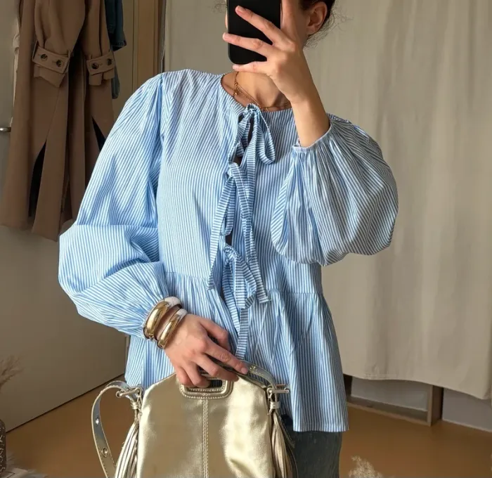 Chemise bouffante à rayures bleue noeuds double sens - photo numéro 3