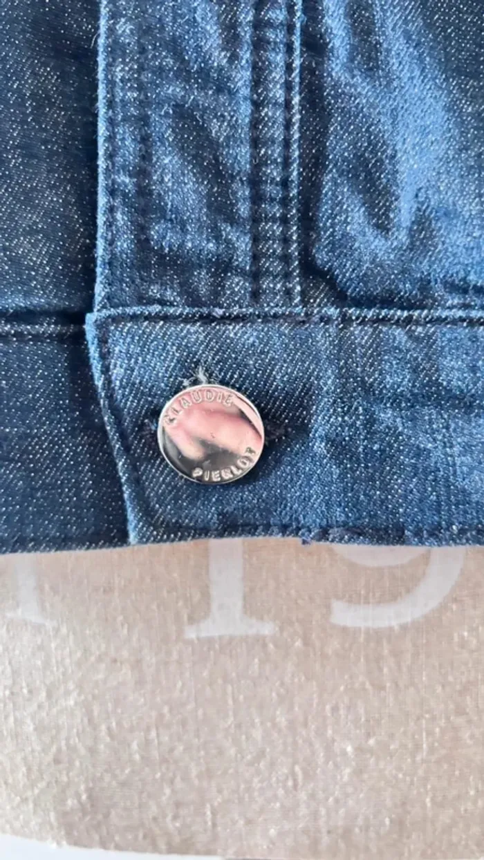 💕 veste en jean bleue marine avec galon rouge taille 40 L #claudiepierlot - photo numéro 7