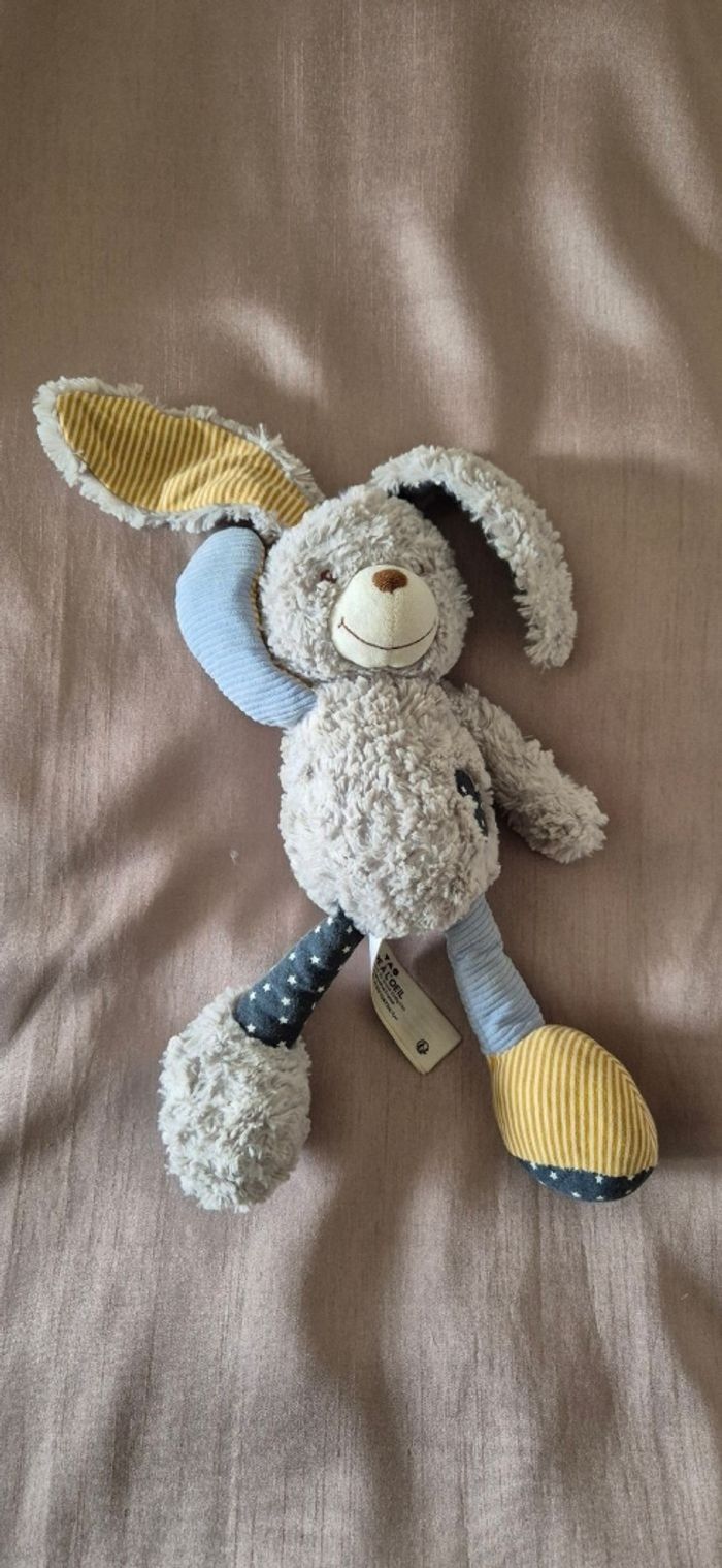 Doudou Lapin gris bleu marine étoiles rayé orange TAPE A L’OEIL TAO - photo numéro 3