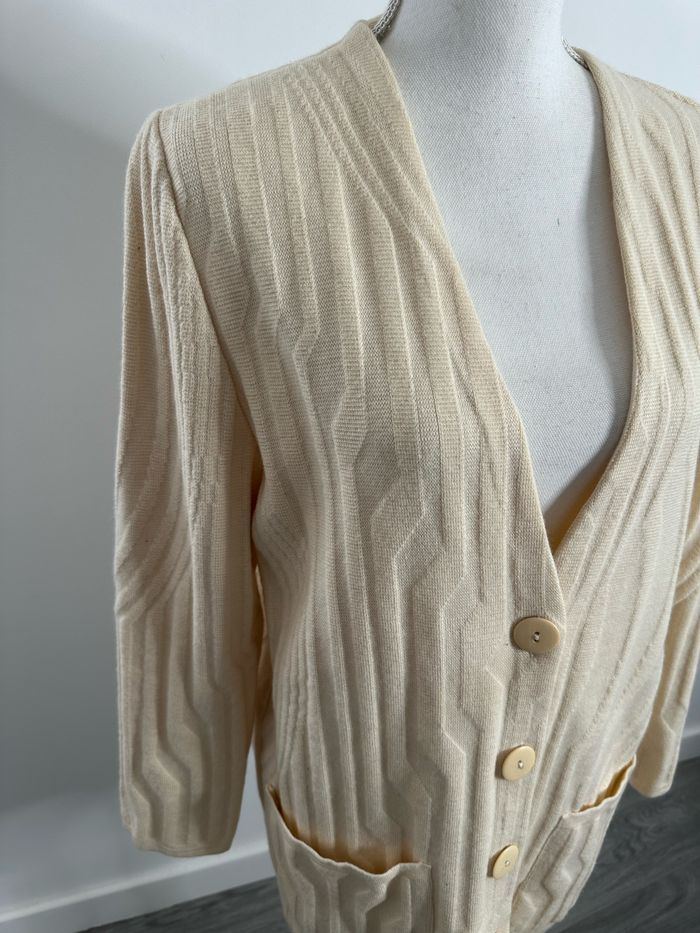 Cardigan texturé beige crème en laine vierge Devernois Paris Vintage T44 XXL - photo numéro 2