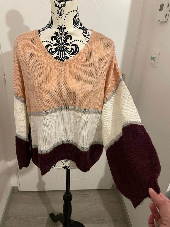 Pull manche longue maille rayure blanc bordeaux corail gris en alpaga neuf comtemplay taille 42 - photo numéro 2