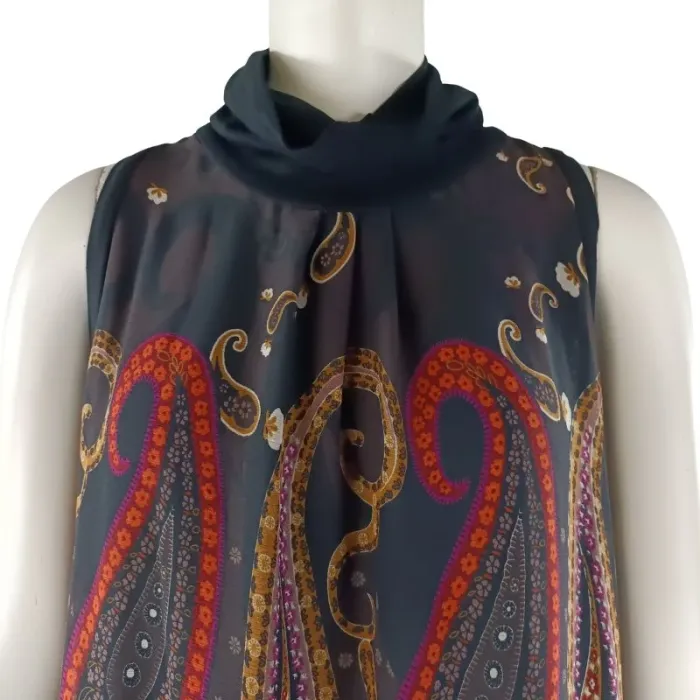 Robe Marron motif cashemire en voile avec doublure col roulé - Robe sans manches Taille M A1117 - photo numéro 6