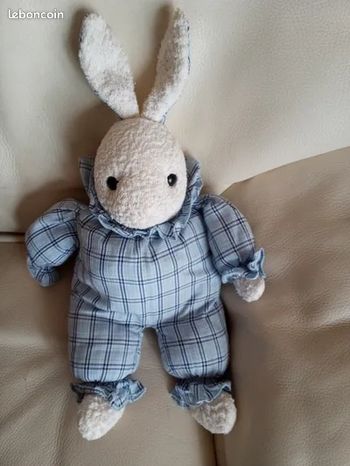 Doudou lapin blanc et bleu  bicolore vintage peluche  Minouche tissu style écossais carreaux tête blanche tissu éponge bouclette ancien  30 ans  d'occasion