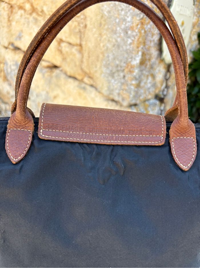 Longchamp Le Pliage S noir – porté main – cuir marron – authentique - photo numéro 6