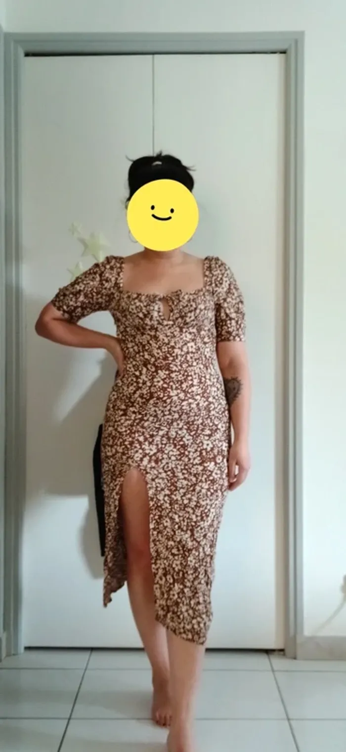 Robe longue fleurie fendue marron - photo numéro 4