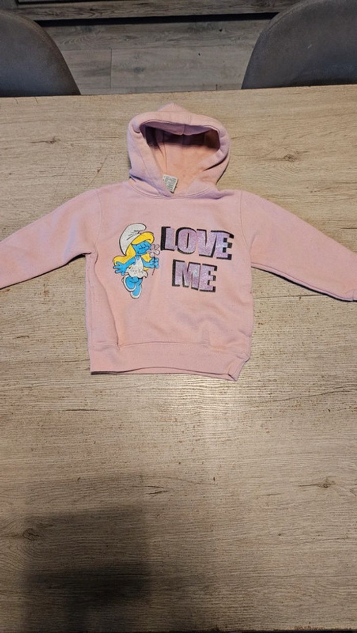 Pull à capuche rose clair à manches longues, Les Schroumpf /smurf, 3/4 ans - photo numéro 2