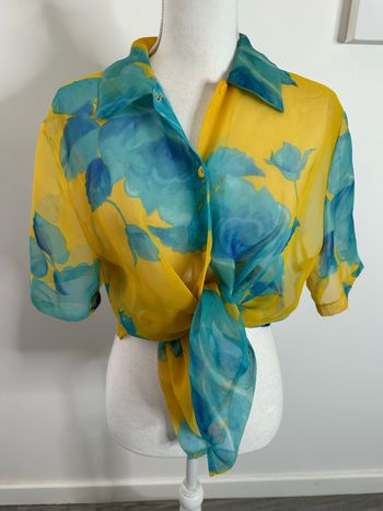 Chemisier en mesh à fleurs bleu et jaune Vintage TU