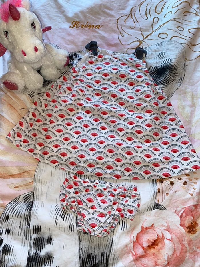 Robe doublée à motifs et son bloomer, taille 12 mois, marque Obaïbi.
