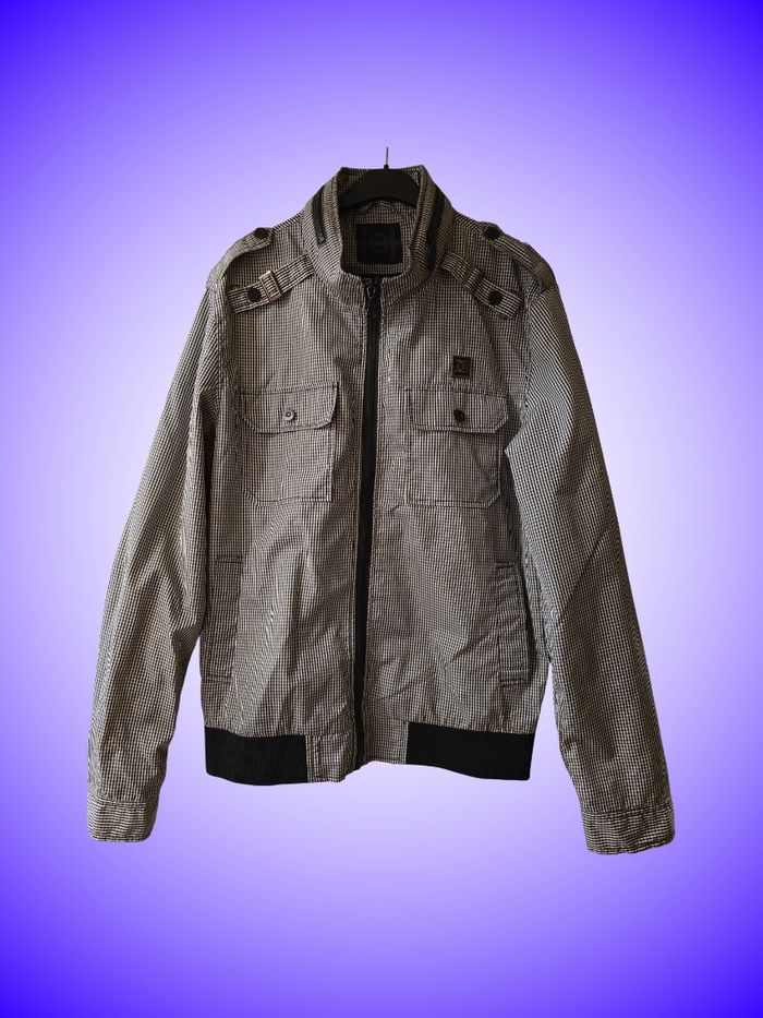 Blouson Bomber Hamaki-Ho – Motif Pied-de-Poule Micro – Noir et Blanc – Taille 40 L – Très Bon État