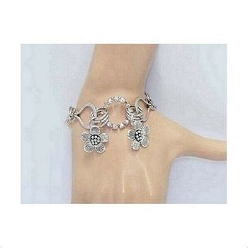 Bracelet Breloques Métal Argenté, Nacre & Strass