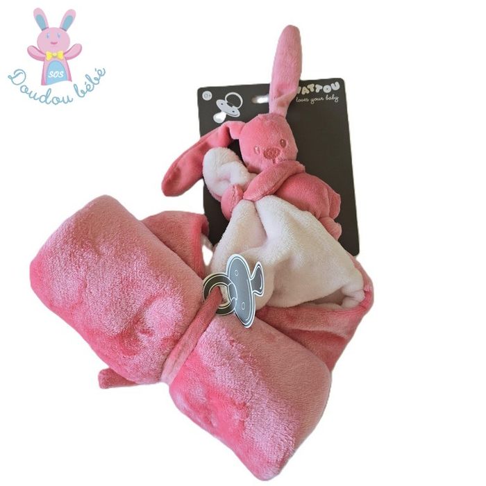 Doudou Lapin Lapidou rose avec sa couverture polaire NATTOU
