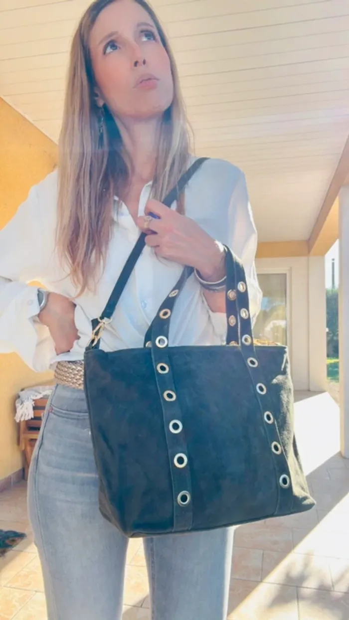 Grand sac cuir daim vert kaki œillets dorés + 1 bandoulière - photo numéro 11