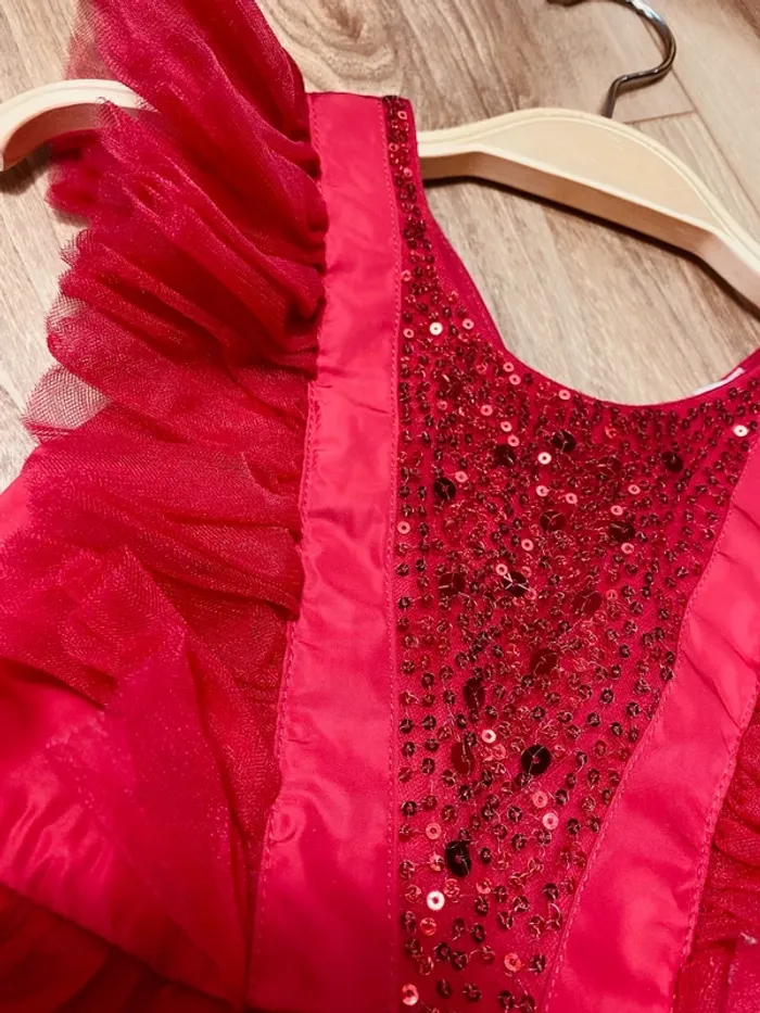 Taille 3 ans Robe asymétrique créateur fille TAO rouge * sequins tulle * 🌺 - photo numéro 3