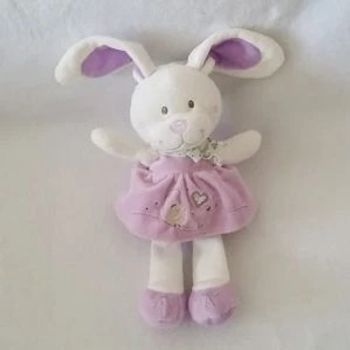 Doudou Lapin blanc mauve robe coeur love 26 cm TEX