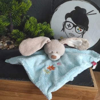 doudou lapin bleu marron fleur papillon rose orange  tex