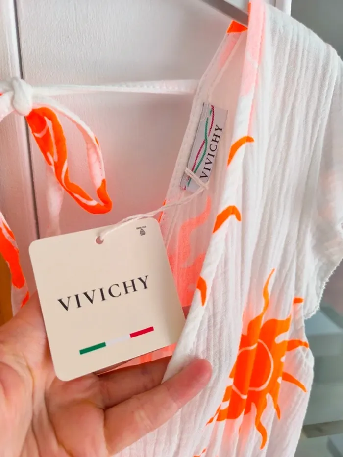 Robe longue été blanche et orange gaz de coton imprimé soleil TU 36 à 42 - photo numéro 5