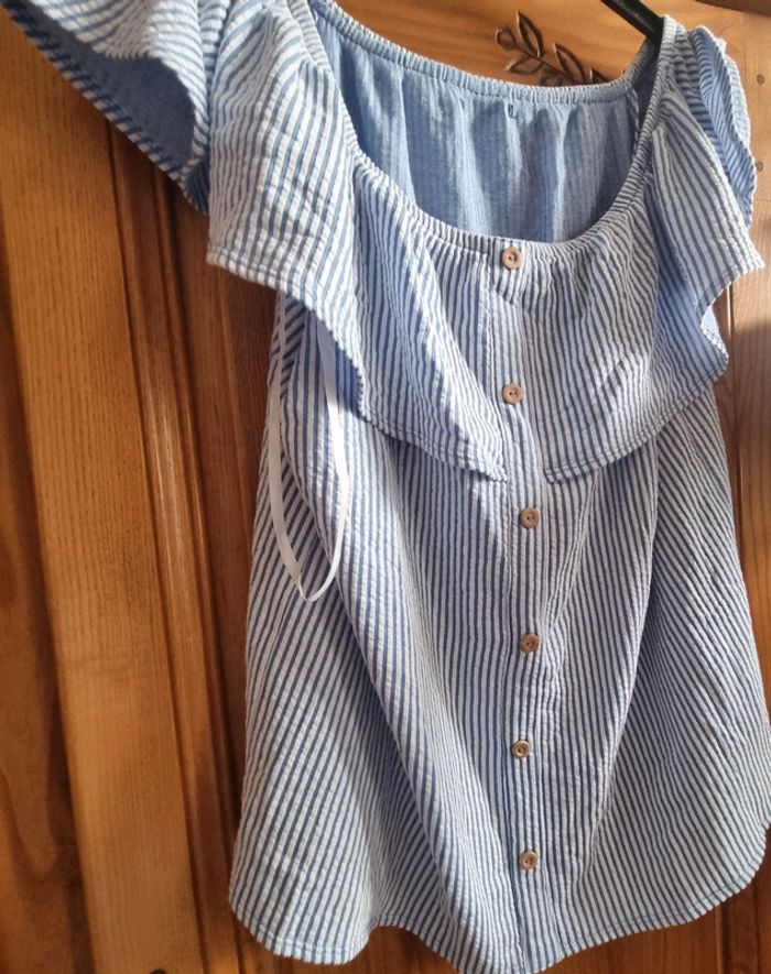 Blouse col bardot bleue rayée 50 neuve sans étiquette - photo numéro 3