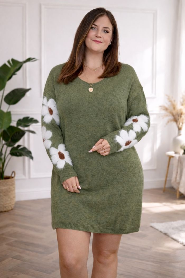 Robe pull en tricot vert militaire au motif marguerites sur les manches Femme taille 54 marque Asos đź’Ť