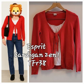 Esprit Cardigan 2en1 TFr38- Col Rond -Cardigan Corail & Empiècement central Blanc