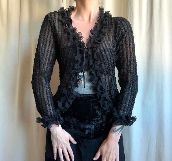 Blouse à volants froufrou pailletée Vampire Goth vintage 90s - Taille S/M - photo numéro 2