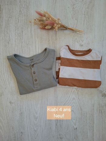 Lot/ensemble 2 t-shirts manches longues garçon blanc/marron vert kaki/sauge kiabi 4 ans - NEUFS