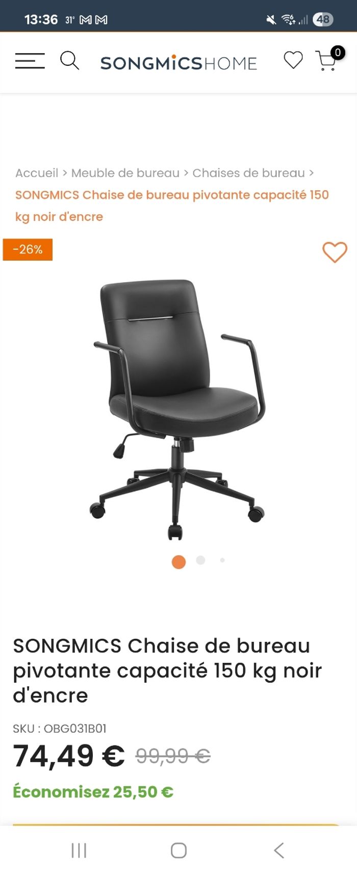 Chaise de bureau ergonomique Songmics neuve dans son carton