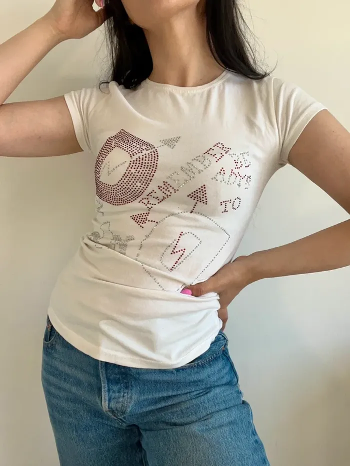 Tee-shirt y2k blanc à strass taille S - photo numéro 5
