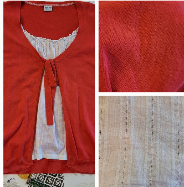 Esprit Cardigan 2en1 TFr38- Col Rond -Cardigan Corail & Empiècement central Blanc - photo numéro 9