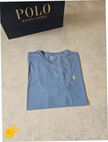 T-shirt Ralph Lauren M coupe col V bleu Homme Men tee3b