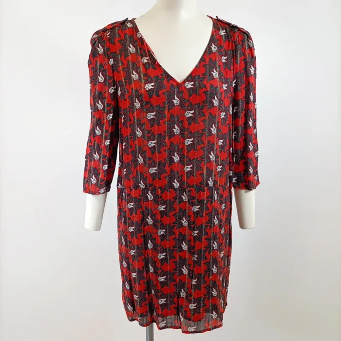 Robe fluide Bonobo imprimé fleuri rouge et noir, col V, manches 3/4, taille S A1572