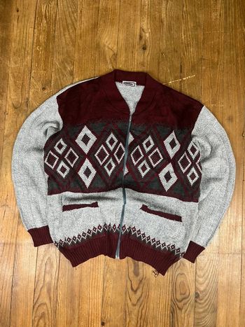 Pull cardigan maille zip-up vintage motifs bordeaux gris Made in UK XL