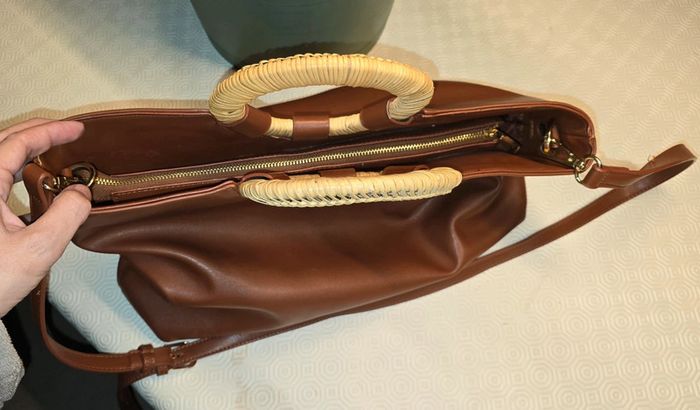 Sac à main marron camel poignées en osier style vintage pop - photo numéro 4