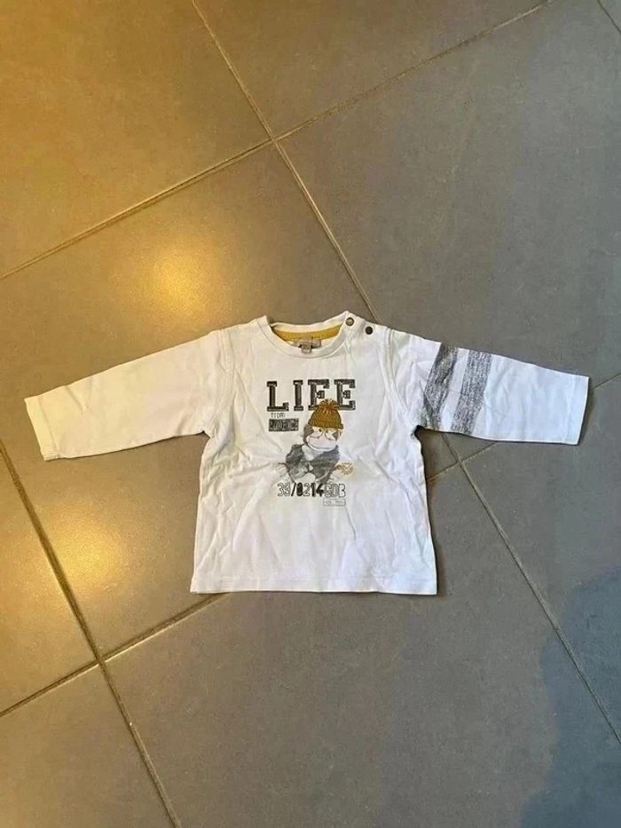 T-shirt - "Singe Life from wyoming" - Grain de blé - Manches Longues - Blanc, Gris & Noir - 12 mois