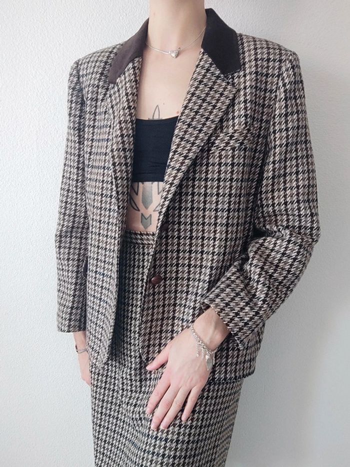 Ensemble tailleur jupe pied de poule marron beige laine vintage / C&A - 38/M ร 40/L - photo numรฉro 6