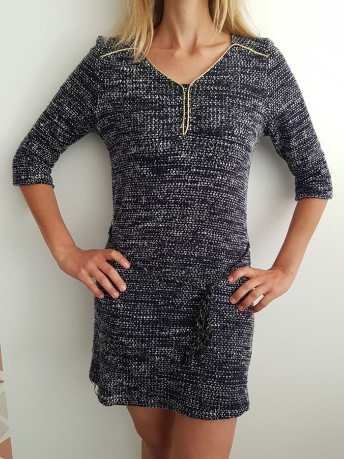 Robe Automne Hiver Manches 3/4  Bleu fils doré et Ceinture  Taille S