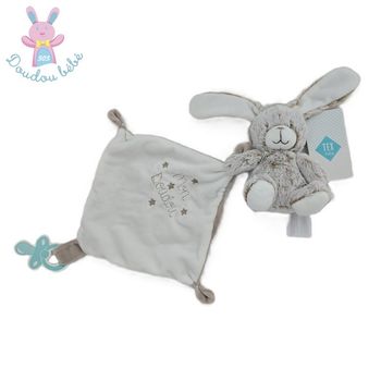 Doudou Lapin beige blanc mouchoir "mon doudou" attache tétine TEX