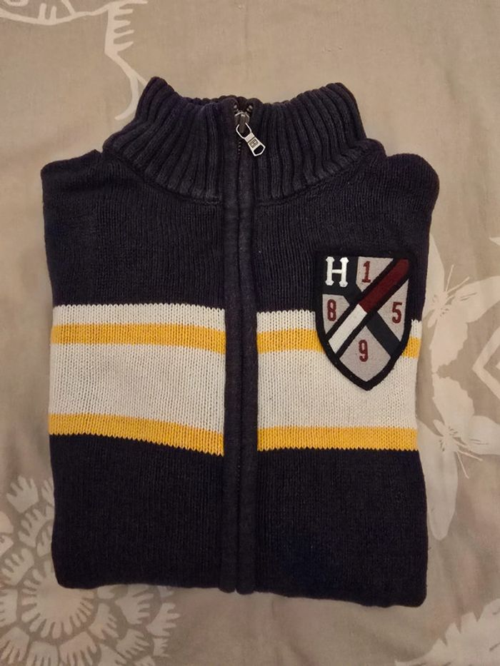 🌟 Pull col camioneur full zipp bleu marine Tomly Hilfiger enfant - Taille 8/10 ans 🌟