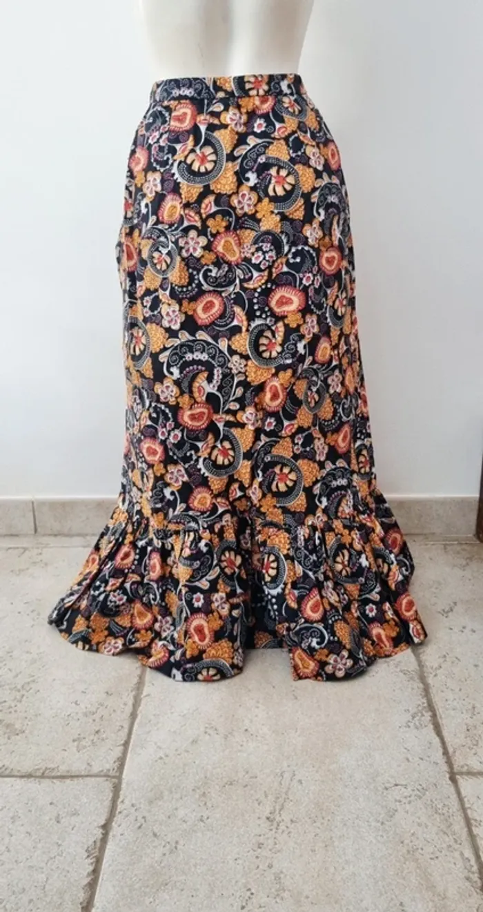 Jupe longue 38 imprimée fleuri noir orange - photo numéro 3
