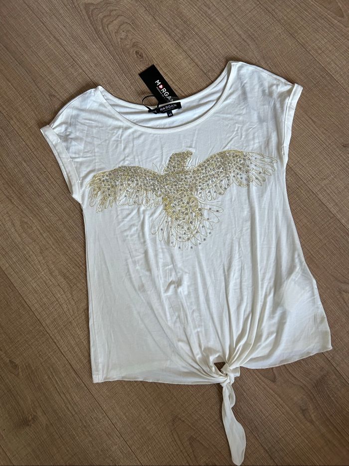 Teeshirt blanc écru neuf avec strass Morgan taille XS (valeur 35€) - photo numéro 7