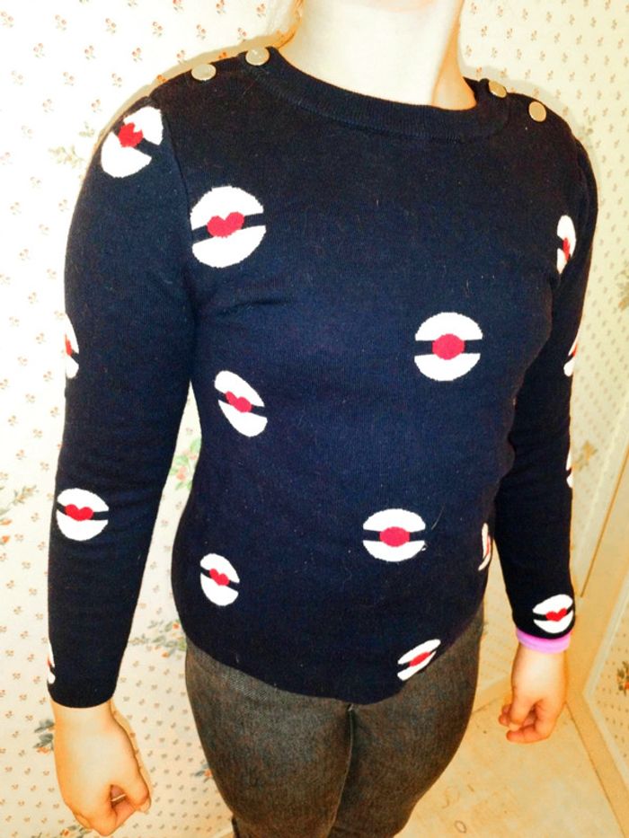 Pull jacadi bleu marine sphères blanches cœur - photo numéro 3