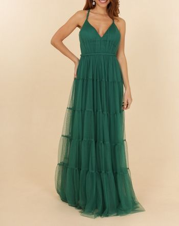 robe ceremonie volanté bretelle tressées vert emeraude taille 40