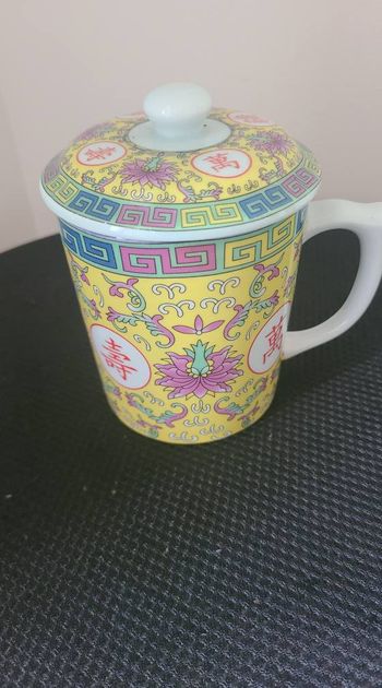Tasse à thé chinoise, tasse à thé jaune Mun Shou, tasse à thé couverte